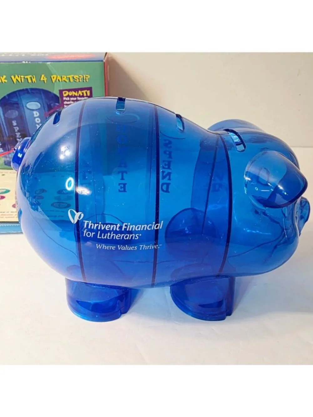 Money Savvy Pig Plastic Piggy Bank Blue Educational 4 Slots Spend Invest Save